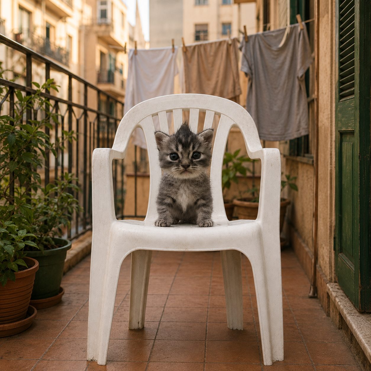 Cat on a monobloc chair on a balcony