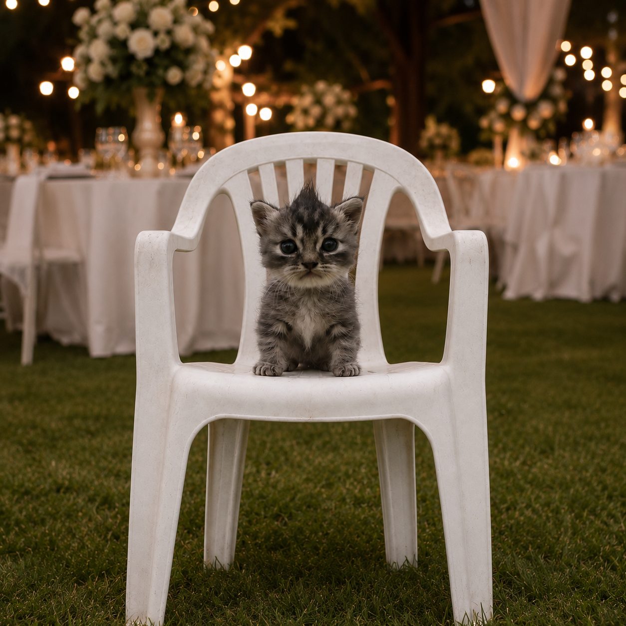 Cat on a monobloc chair at a wedding